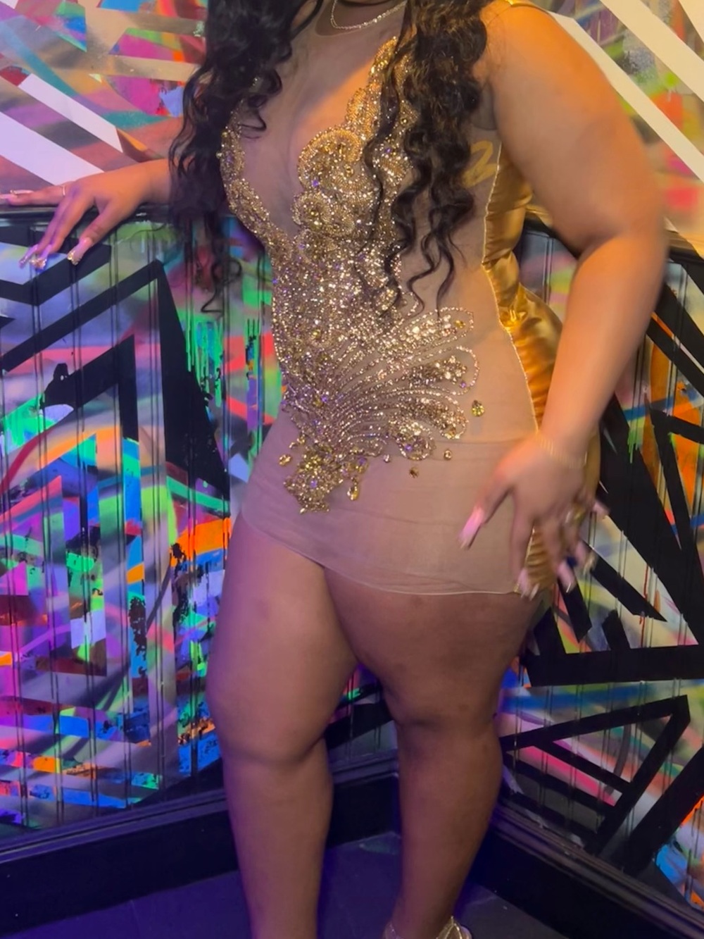 Gold Embellished Mesh Mini Dress for Women